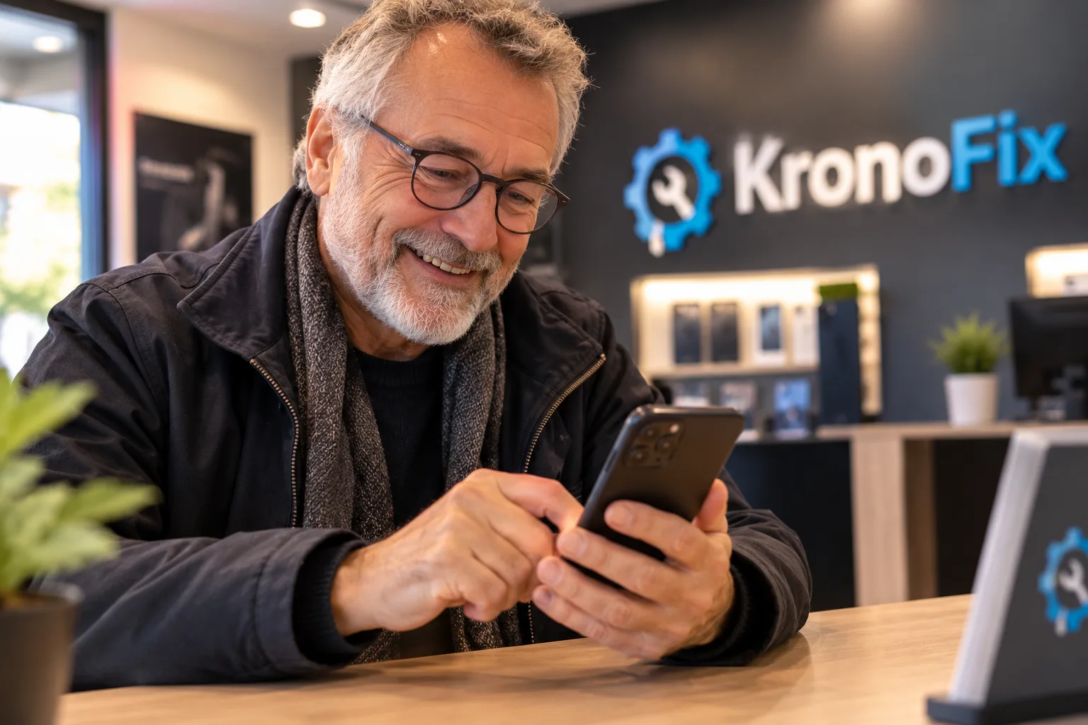 Un client sourit en boutique, son téléphone réparé à la main.